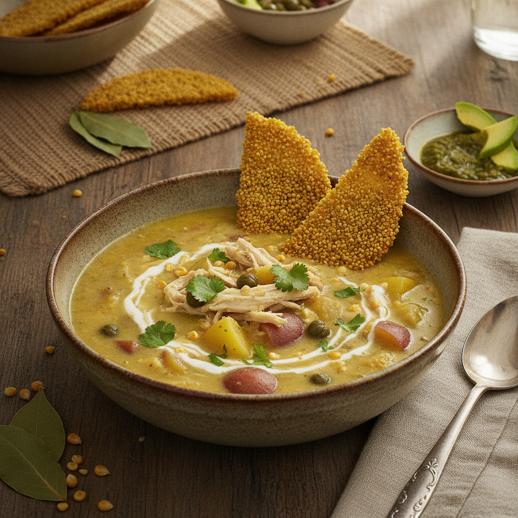 Colombian Chicken Potato Soup with Ghanaian Fonio — Ajiaco Fonio Palm Crisp