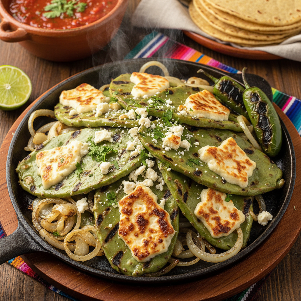Grilled Cactus Paddle Skillet — Nopales Asados con Cebolla y Queso
