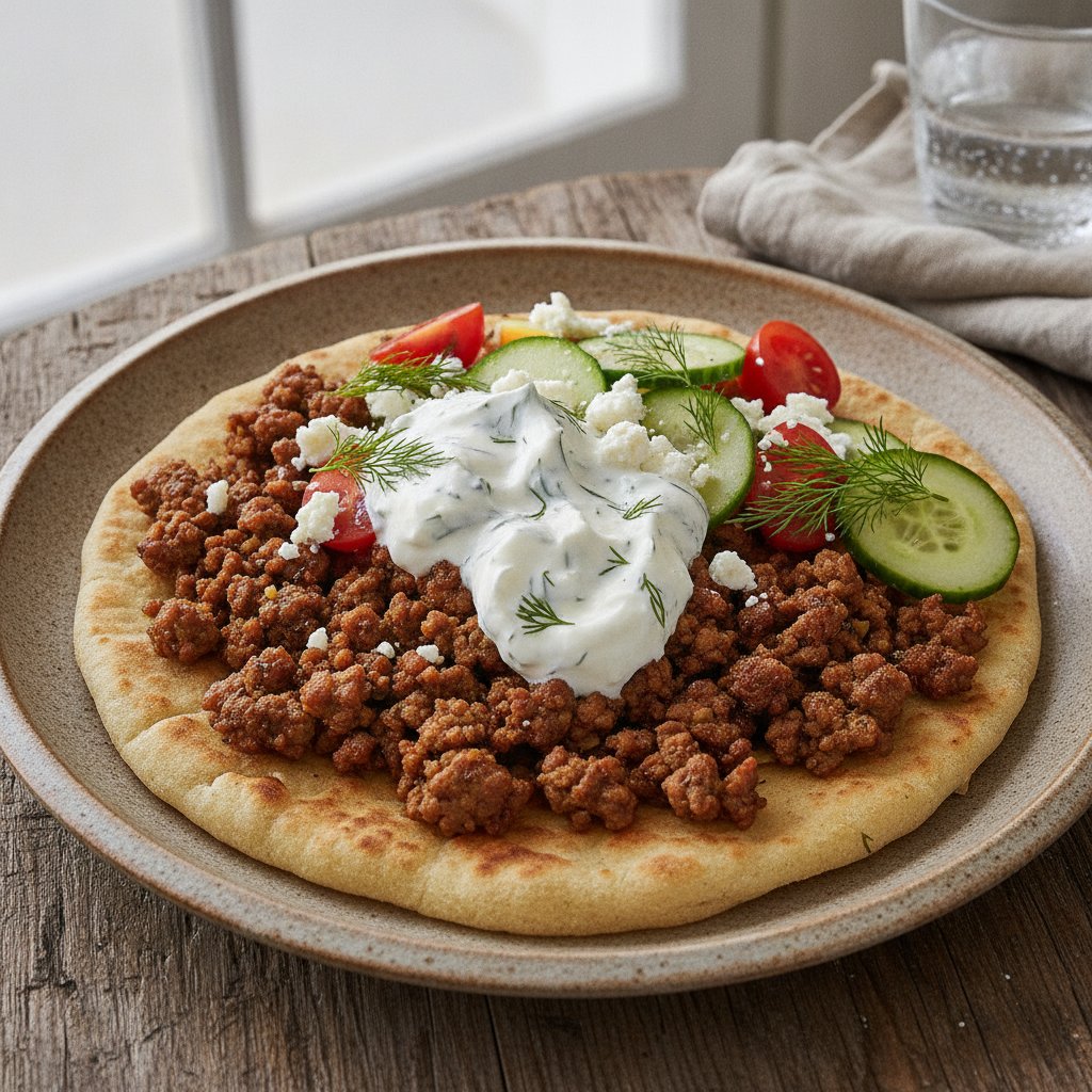 Greek Flatbread with Meat and Yogurt Sauce (High-Protein)