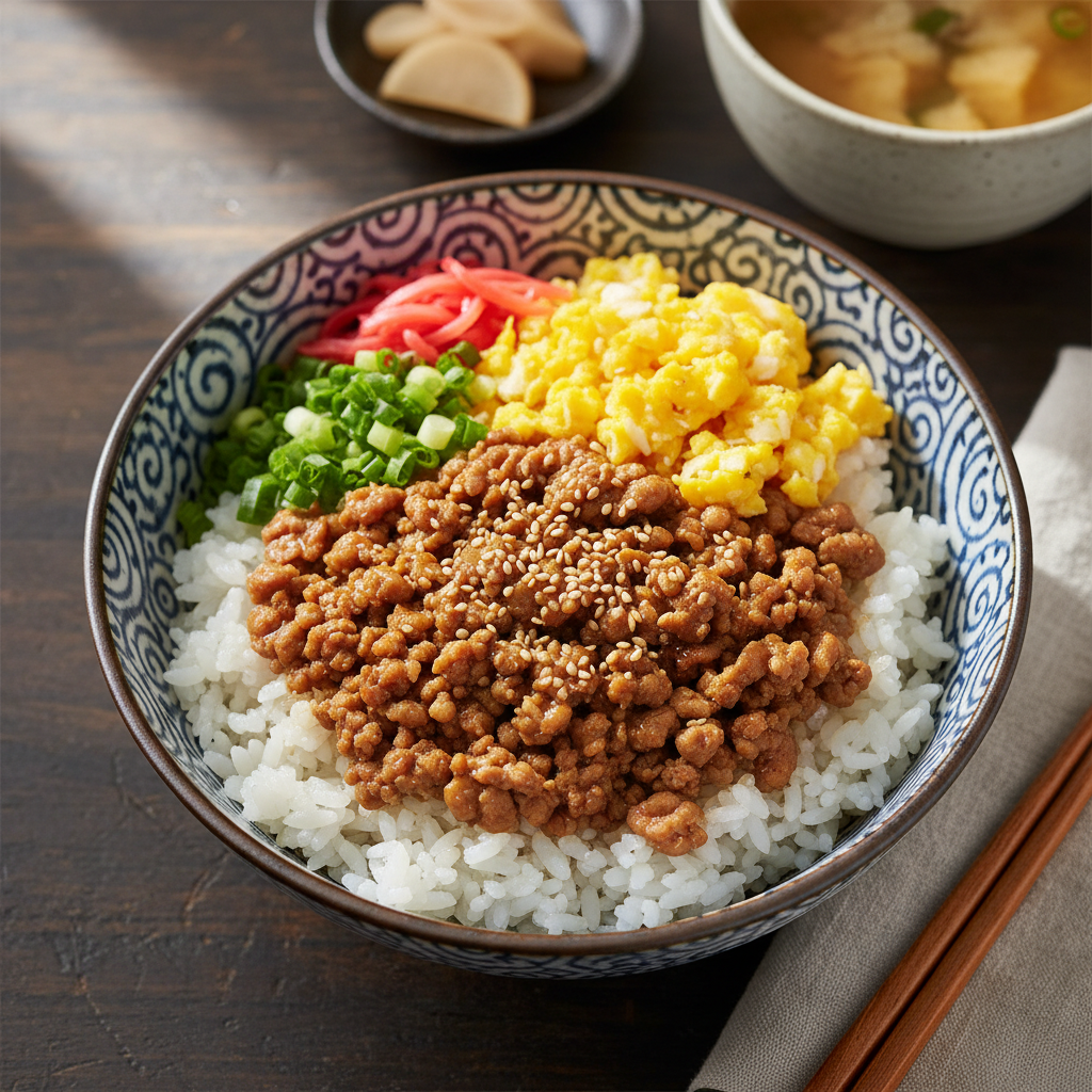 Seasoned Pork and Egg Rice Bowl — Pork Soboro Donburi