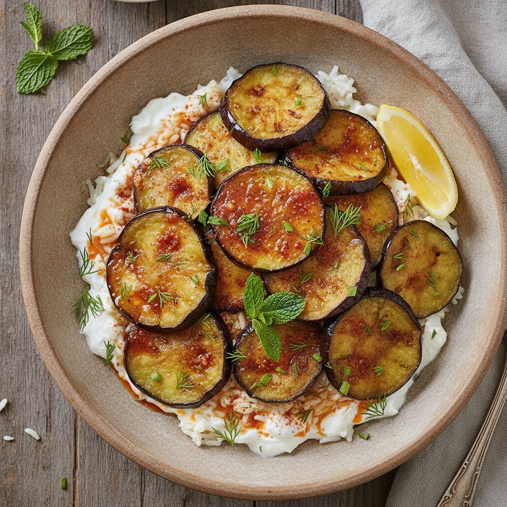 Yogurt Rice Bowl with Fried Eggplant