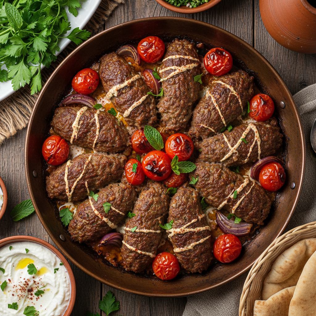 Baked Lamb Kofta with Tahini Tomato Sauce — Lamb Kofta Bil Sanieh