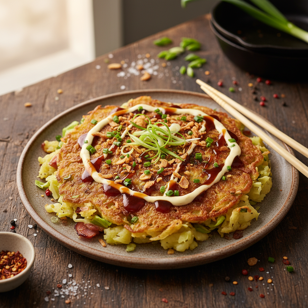 Crispy Potato Cabbage Pancake with Shiitake Glaze — Crispy Cabbage Potato Pancake - Stamppot Okonomiyaki