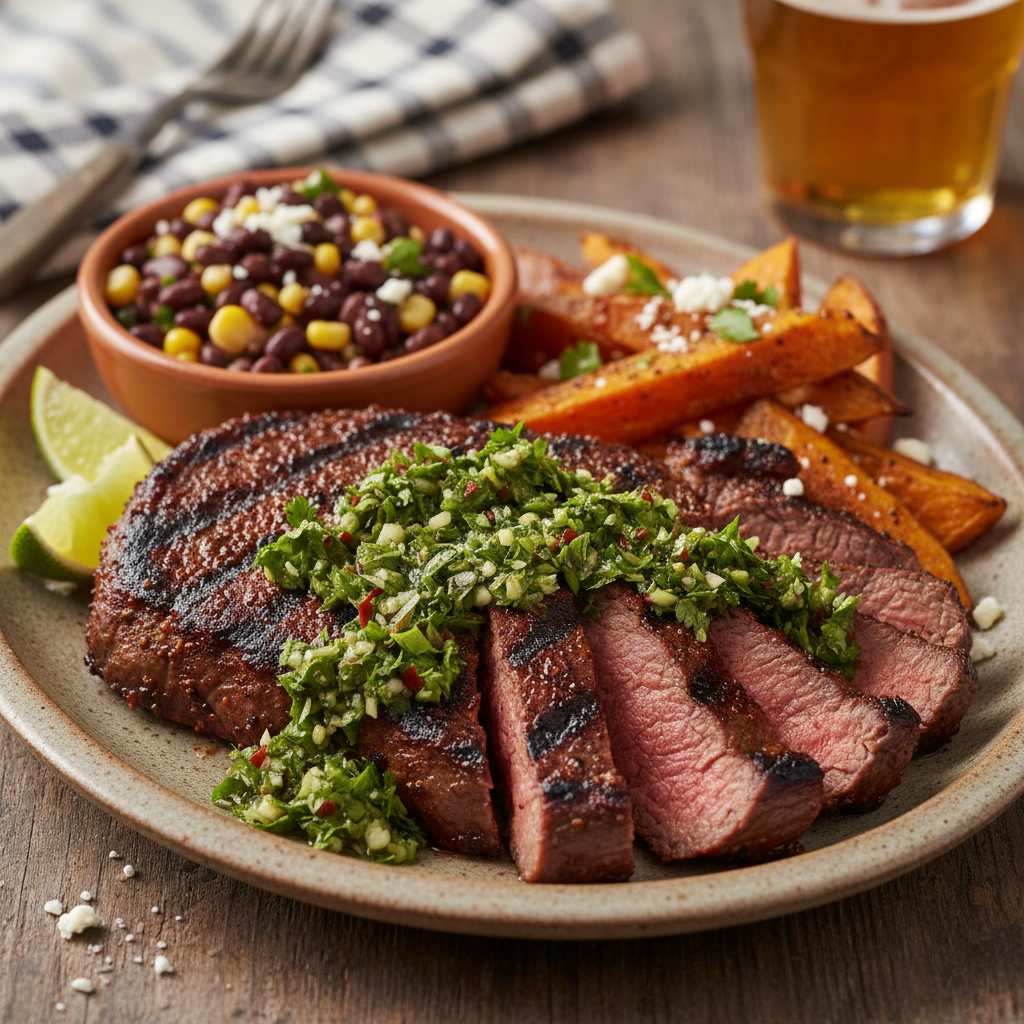 Texas Chili-Rubbed Flank Steak Chimichurri Plate