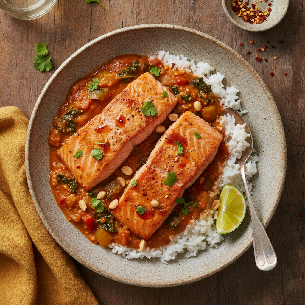 Norwegian Salmon in West African Peanut Stew on Rice — Mafe Salmon Rice