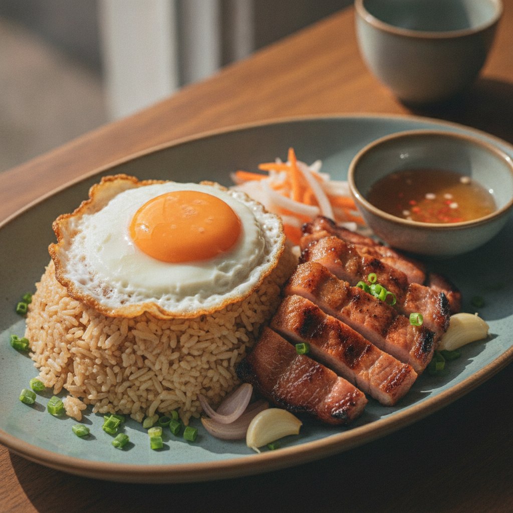 Broken Rice with Fried Egg and Pork