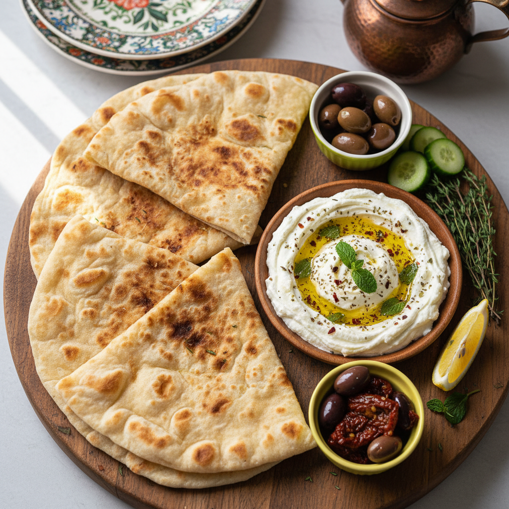 Warm Flatbread with Creamy Yogurt Platter — Khubz Saj with Labneh Platter