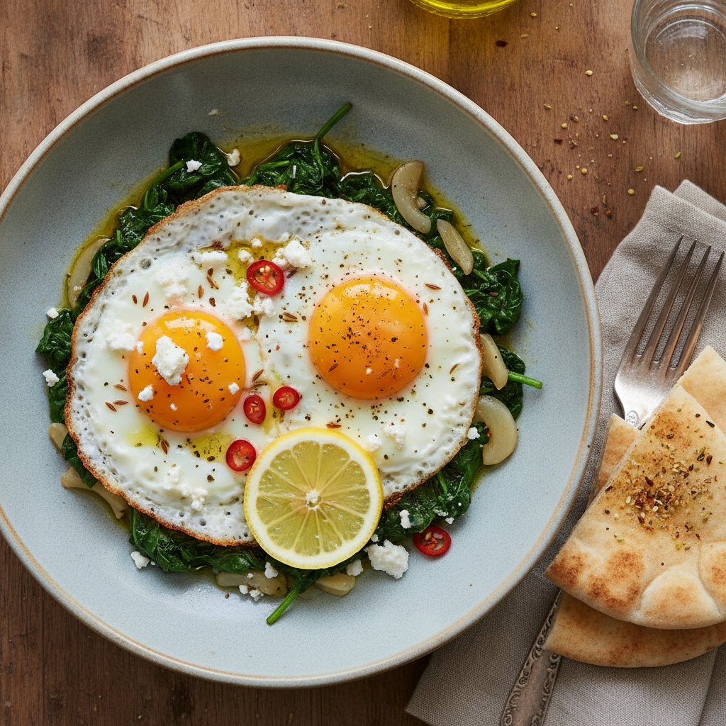 Fried Eggs over Spinach and Garlic