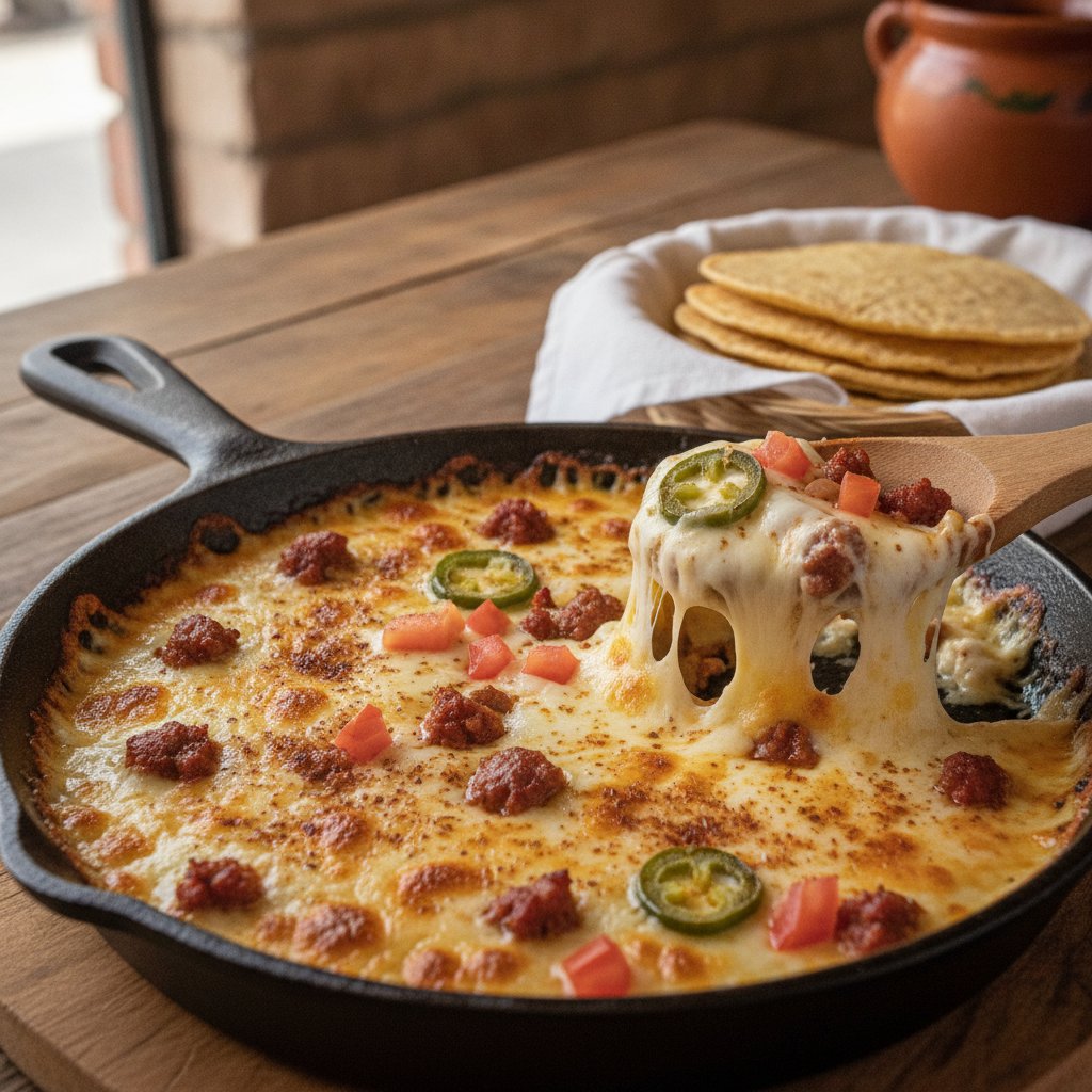 Melted Cheese Skillet with Spiced Sausage