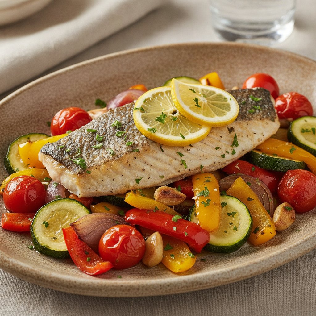 Baked Sea Bass with Vegetables (Low-Chol)