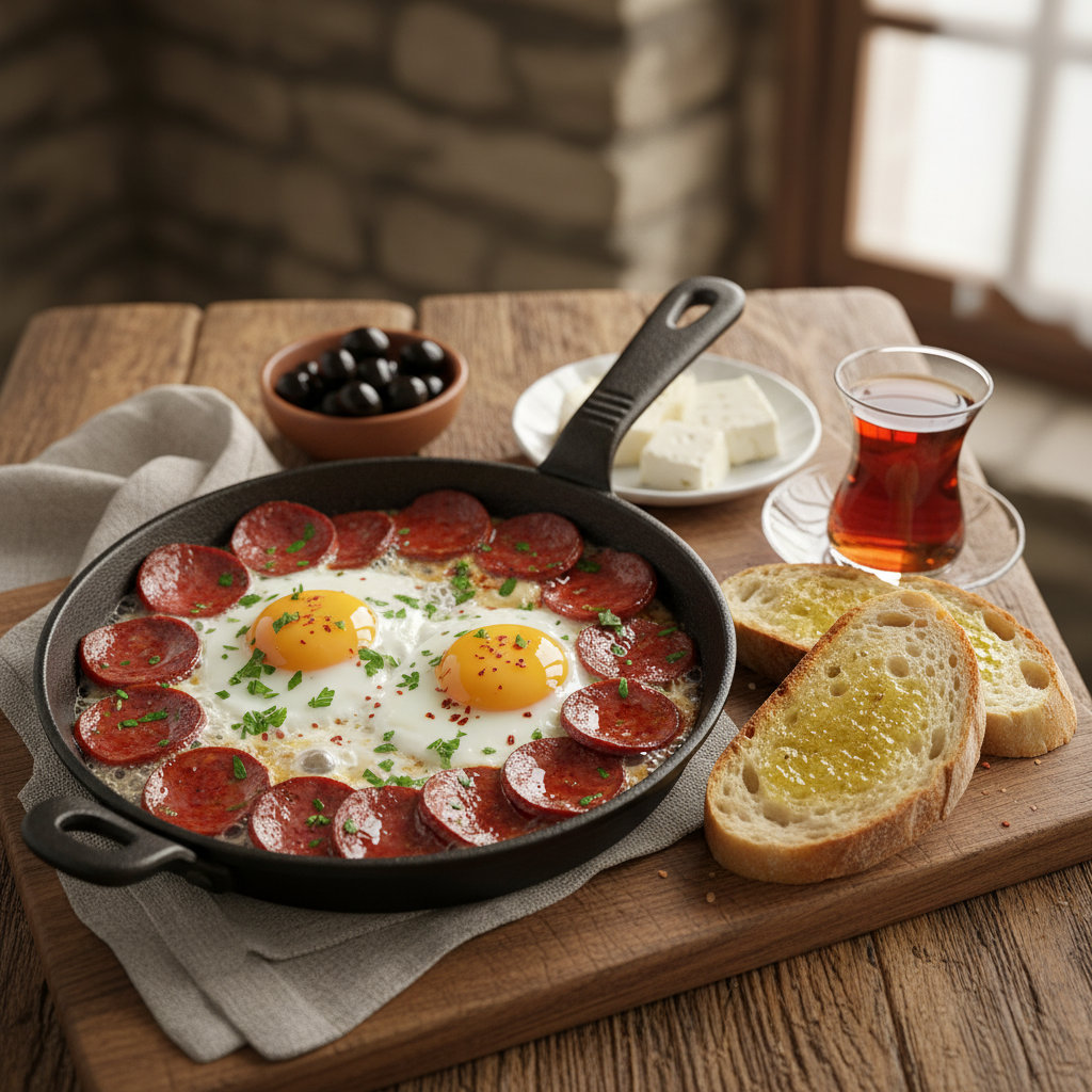 Spiced Sausage and Eggs Pan — Sucuklu Yumurta