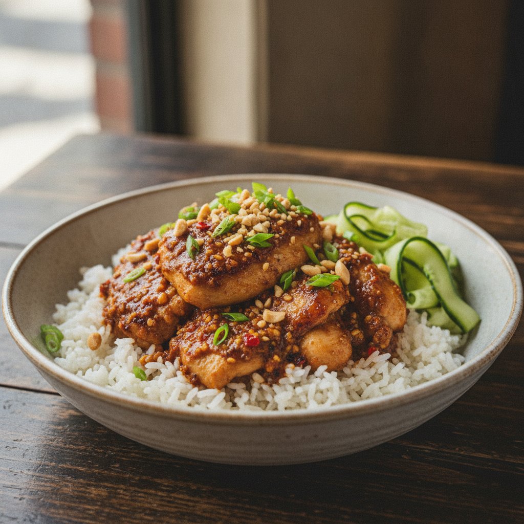 Spicy Peanut Chicken Rice Bowl