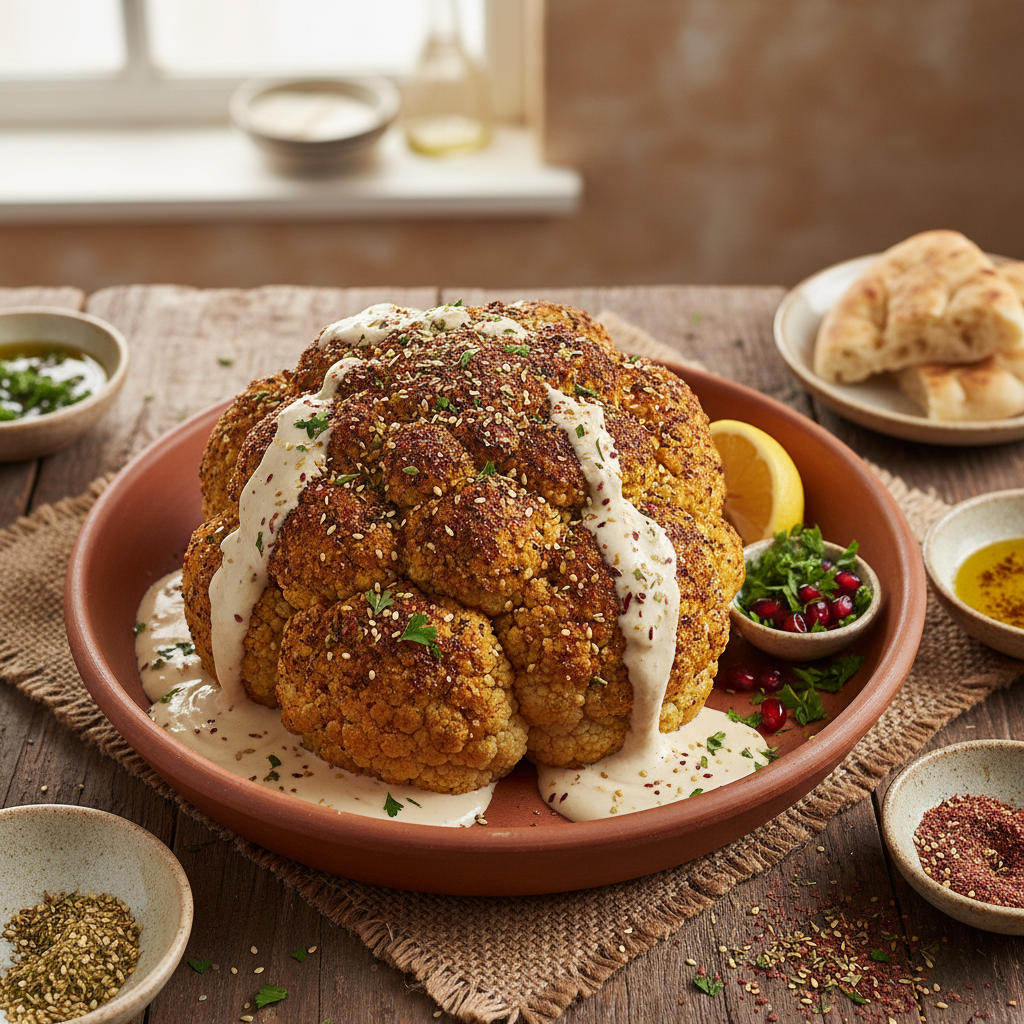 Za'atar and Sumac Roasted Cauliflower with Tahini Bowl