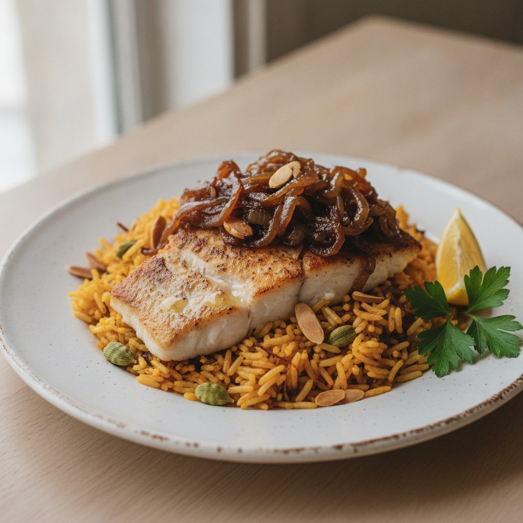 Fish and Spiced Rice with Caramelized Onions