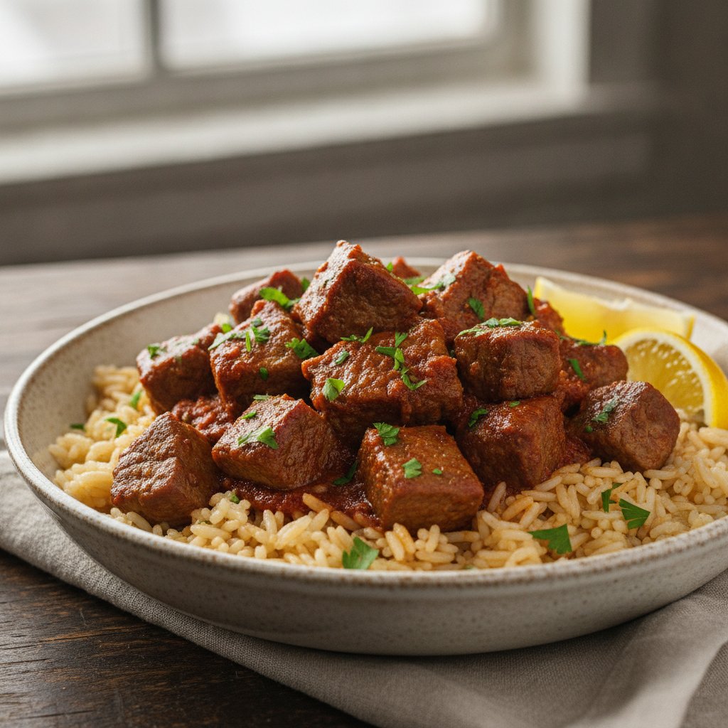 Diced Lamb over Buttered Rice