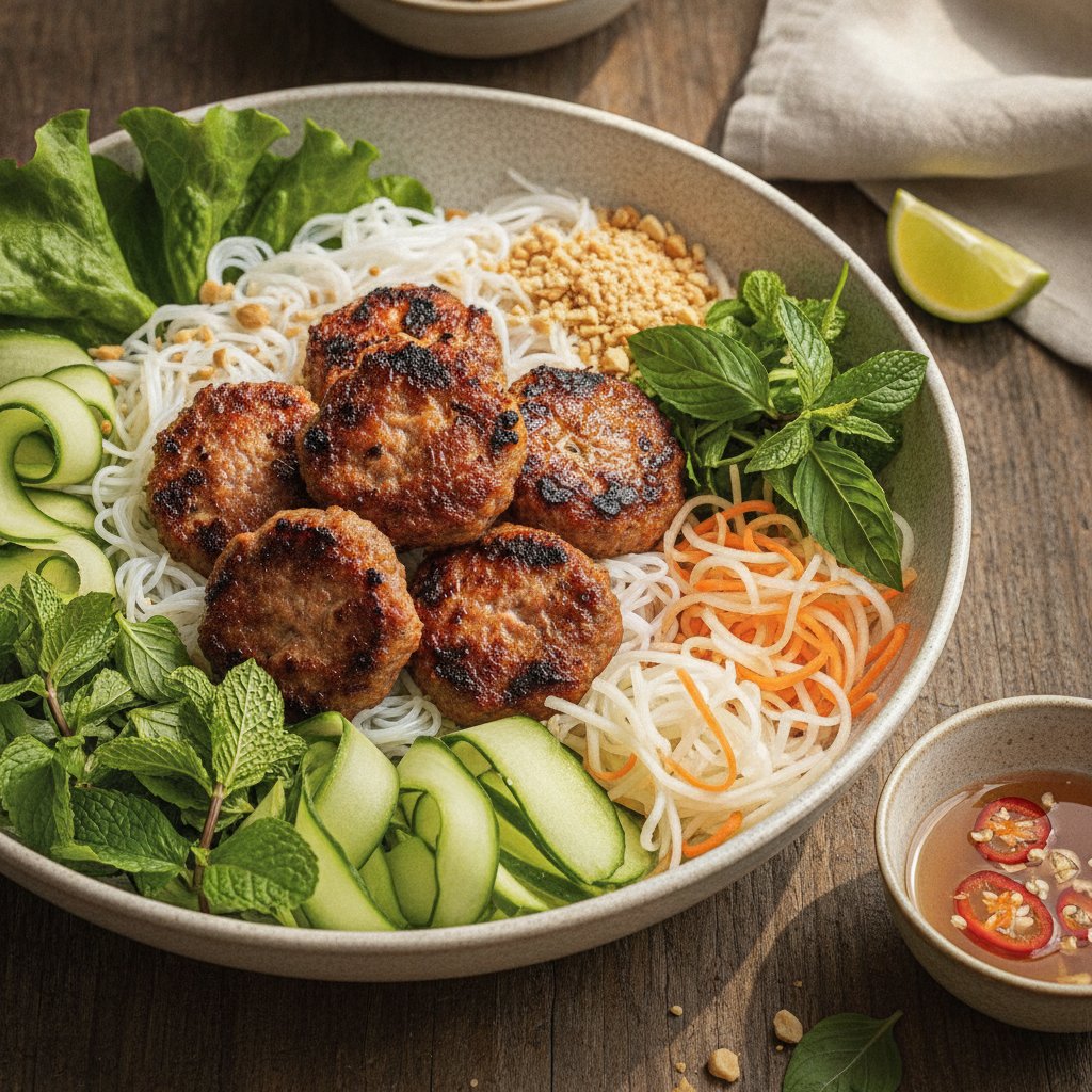 Grilled Pork Patties with Noodles