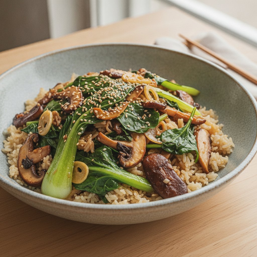 Stir Fried Greens and Mushroom Rice Bowl