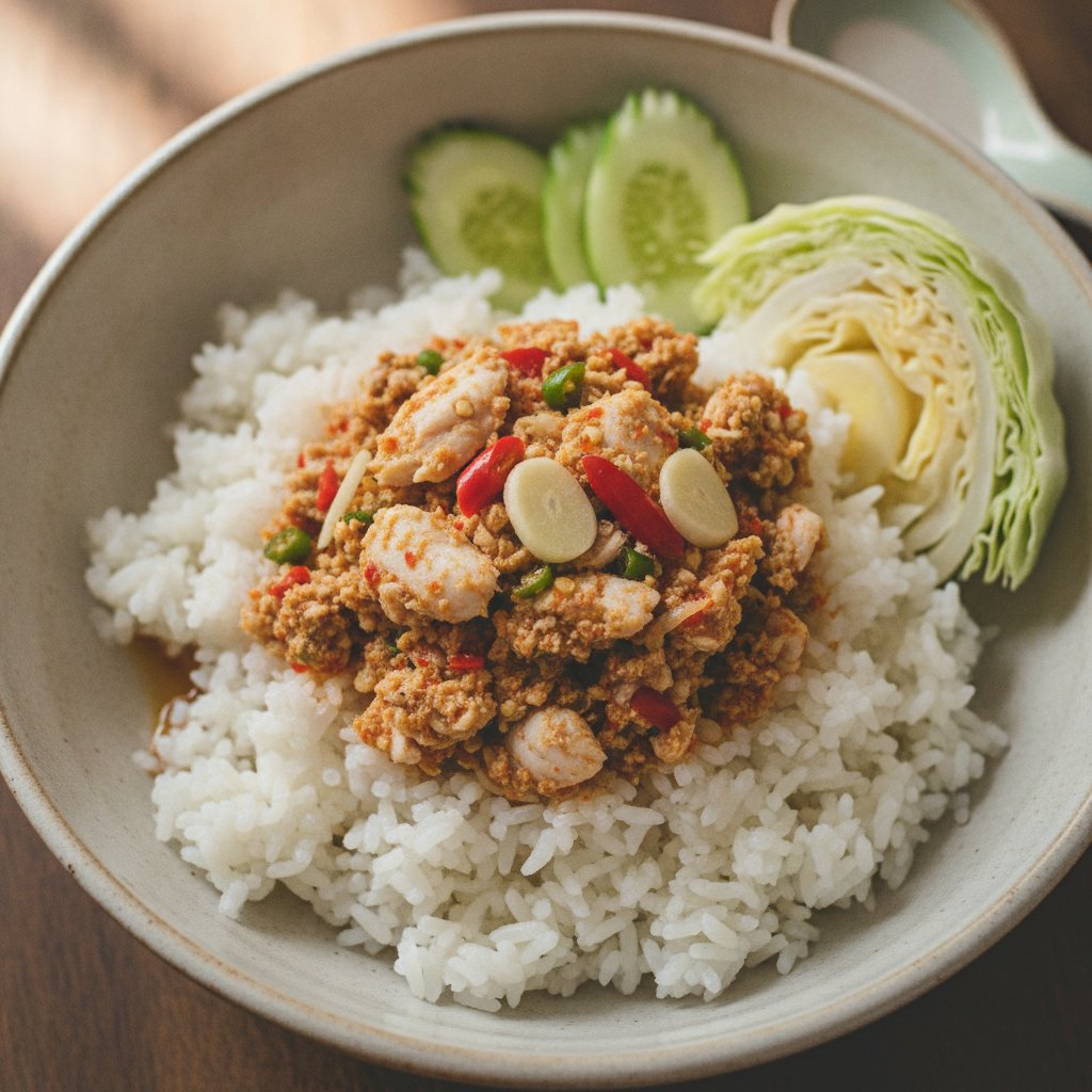 Steamed Rice With Spicy Fish Dip