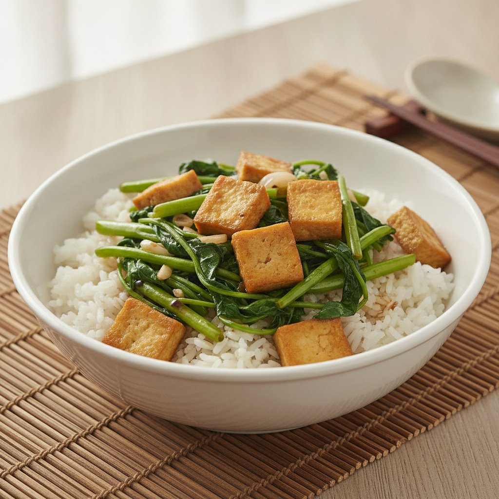 Rice with Stir-Fried Morning Glory and Tofu