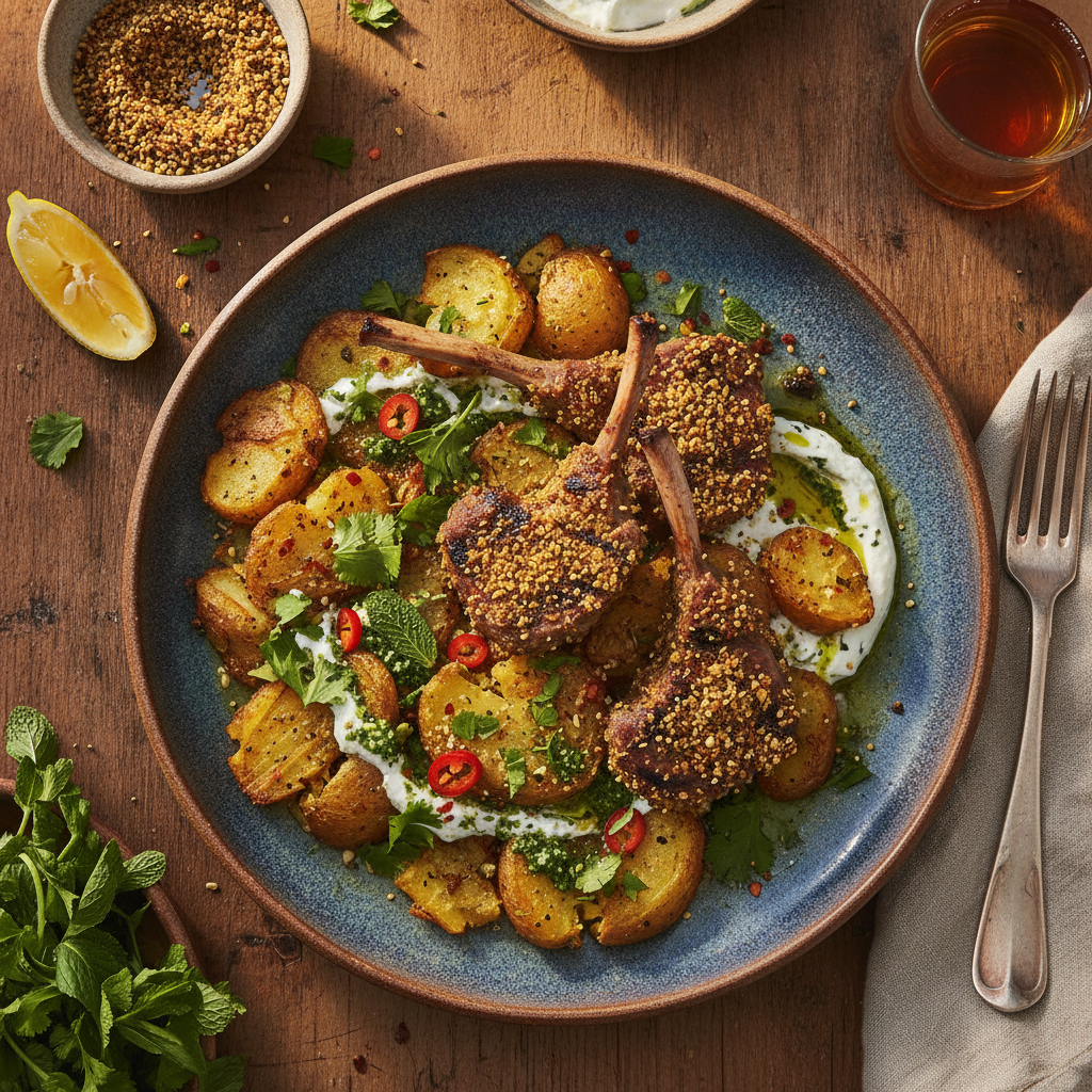 Egyptian Dukkah Lamb Cutlets with Smashed Potatoes — Dukkah Lamb Cutlets Smash