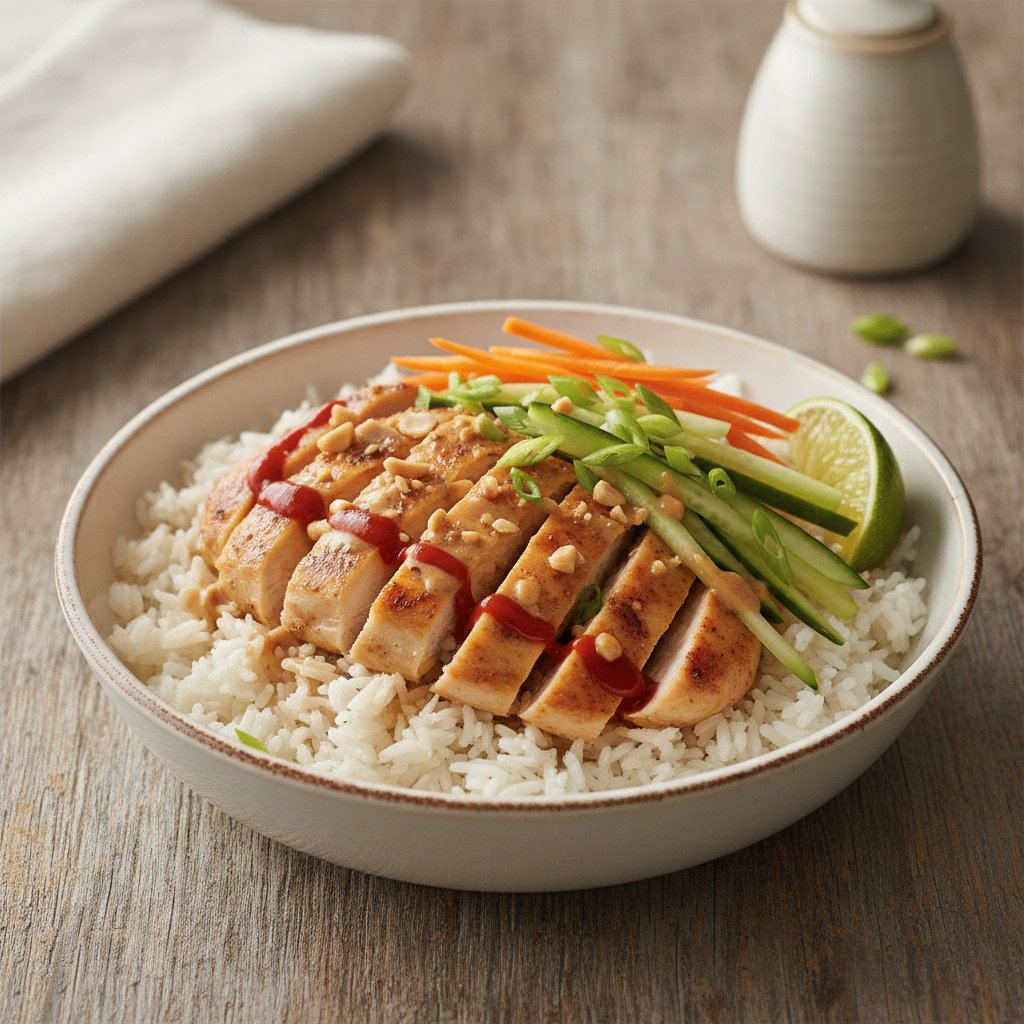Spicy Peanut Chicken Rice Bowl (Low-Calorie)