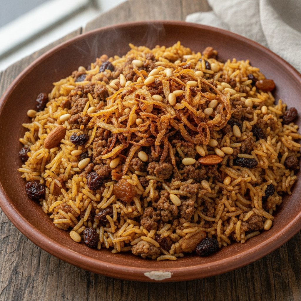 Iraqi Spiced Rice with Meat and Dried Fruit