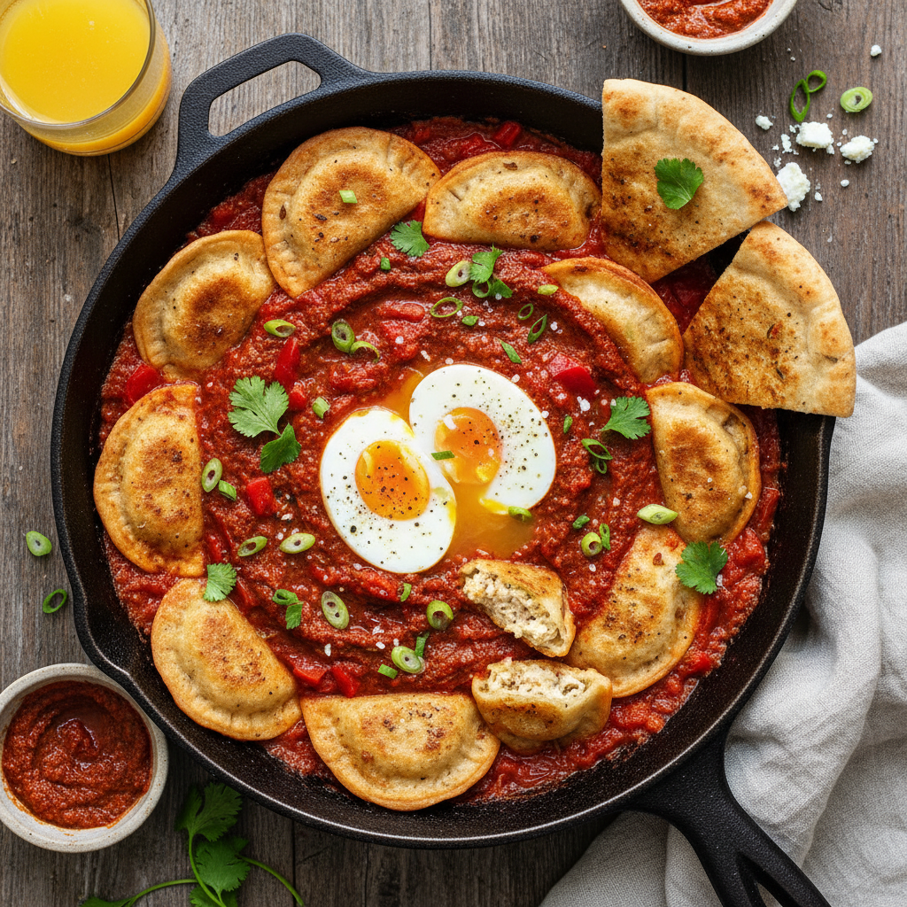 Spicy Harissa Cheese Dumplings with Eggs