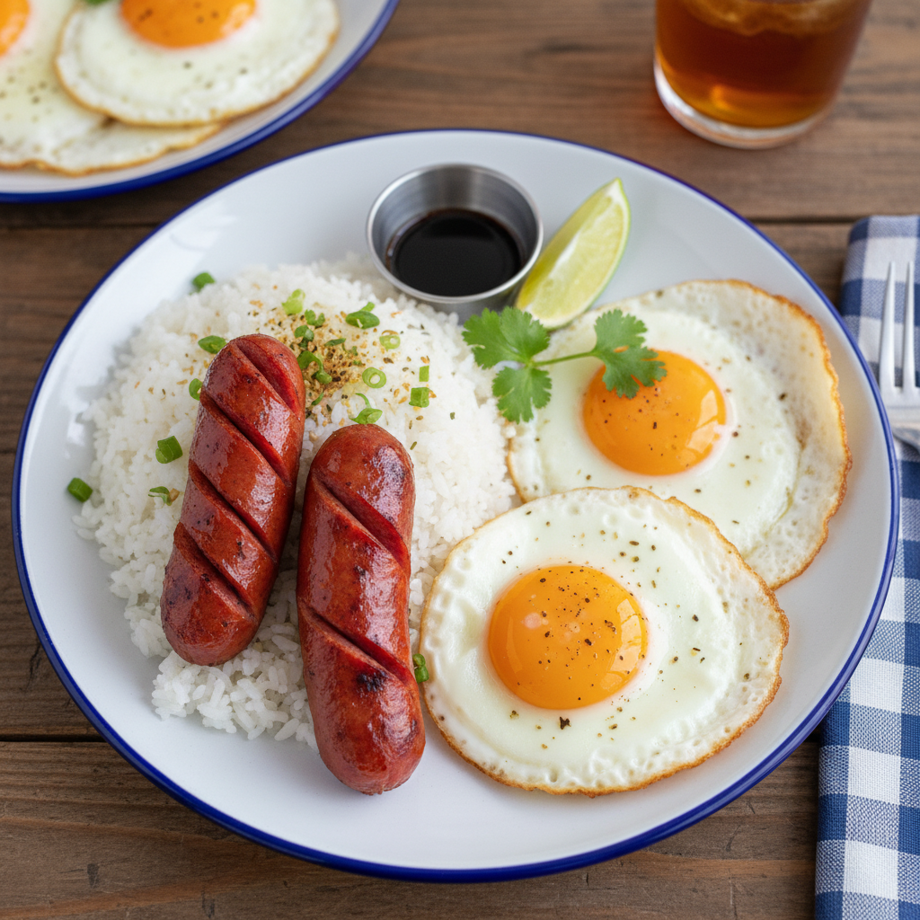 Hawaiian Portuguese Sausage Rice Eggs Plate