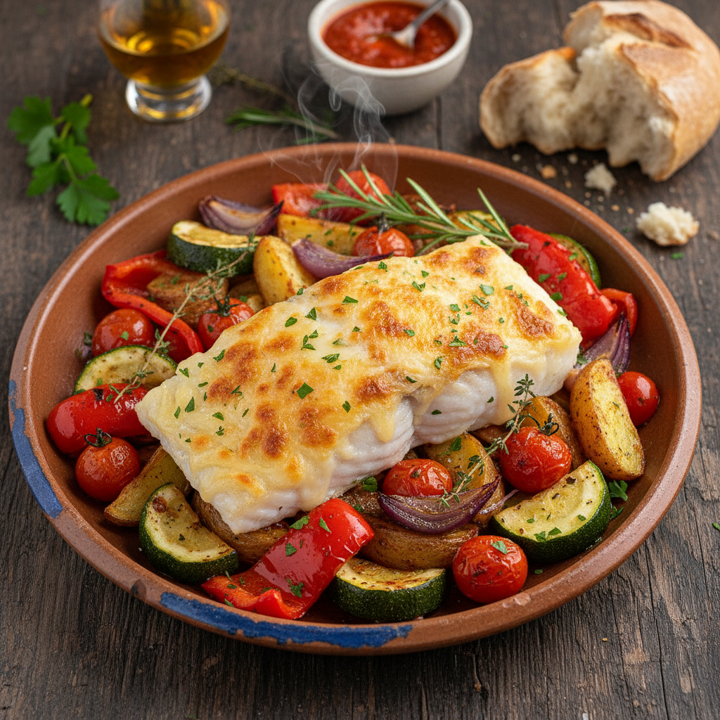 Manchego Roasted Cod and Vegetables