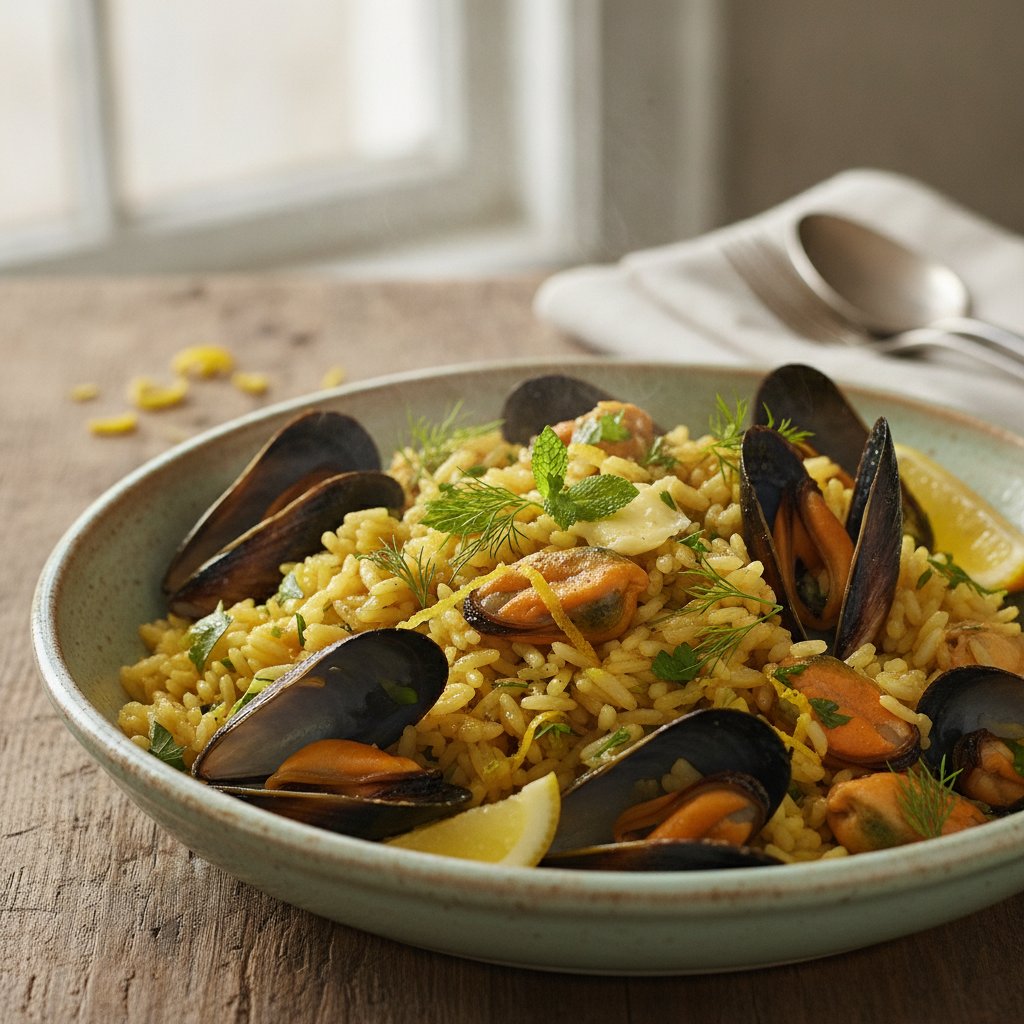 Rice Pilaf with Mussels and Herbs
