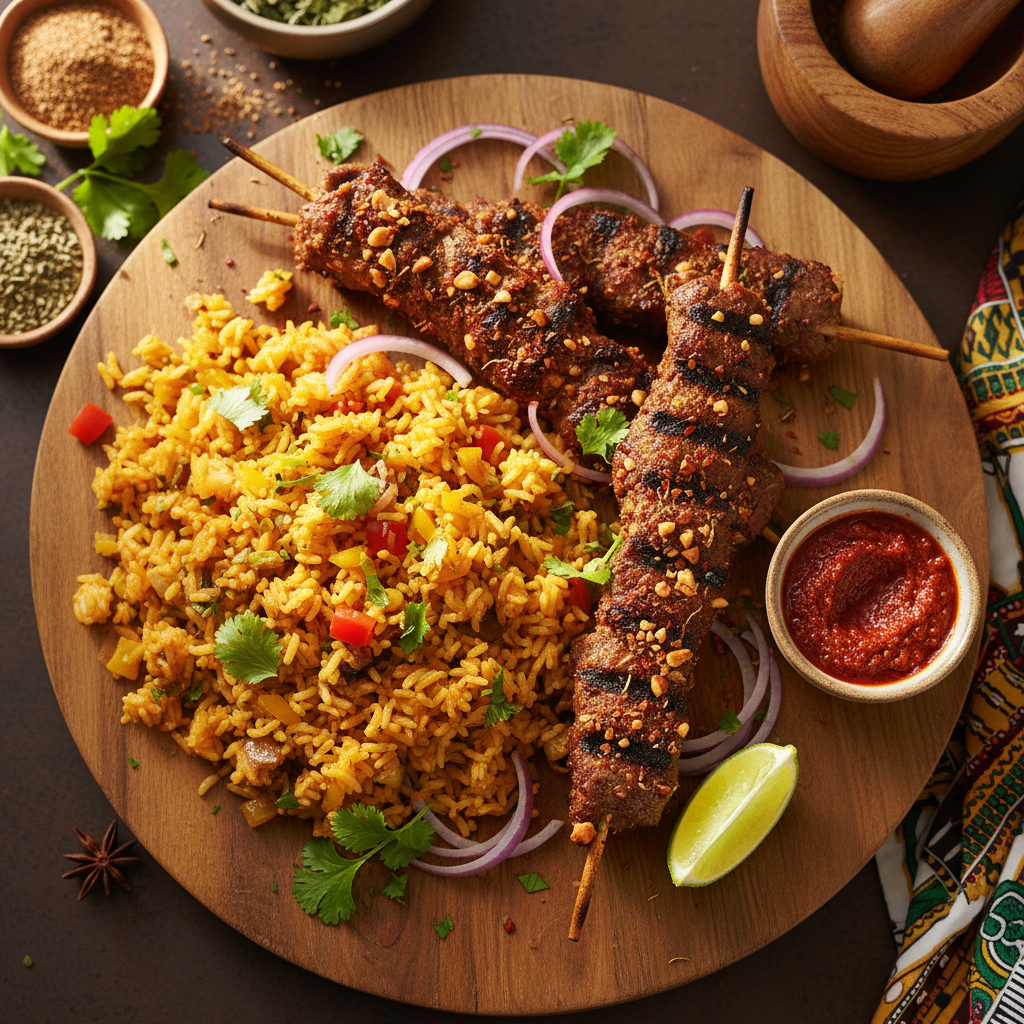 Suya Spiced Lamb Skewers with Sofrito Rice