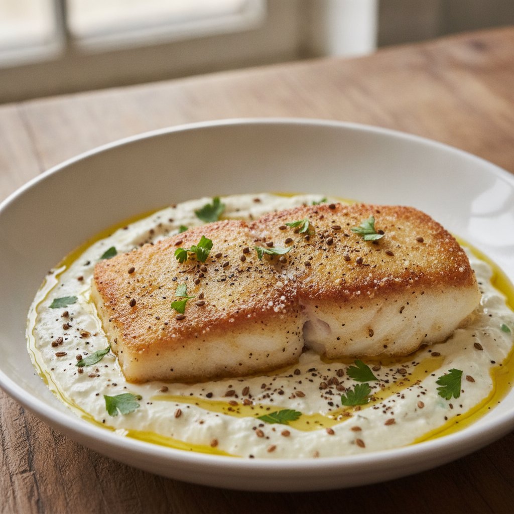 Fried Halibut with Garlic Sauce