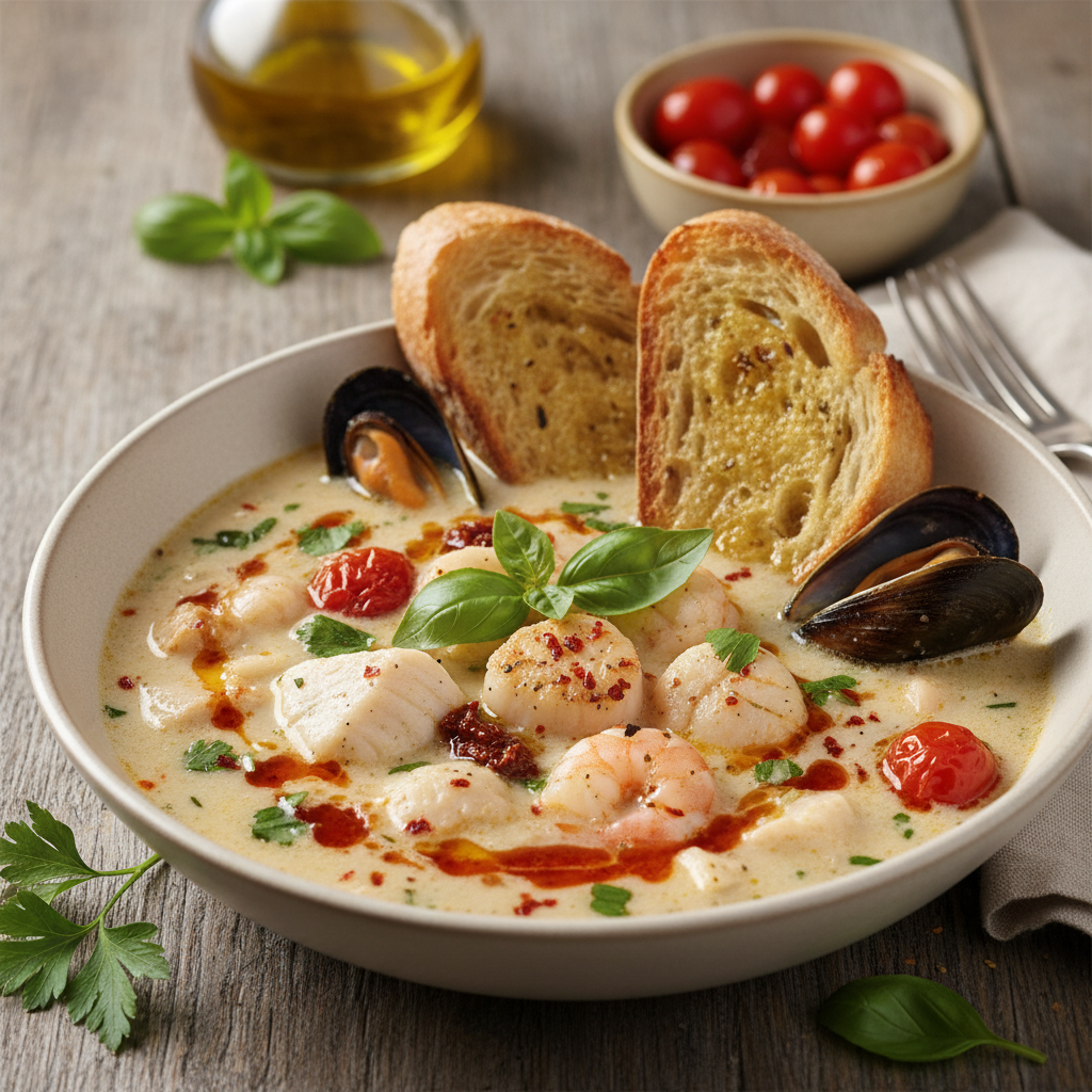 Zuppa di Pesce Bianco con Conserve di Pomodoro