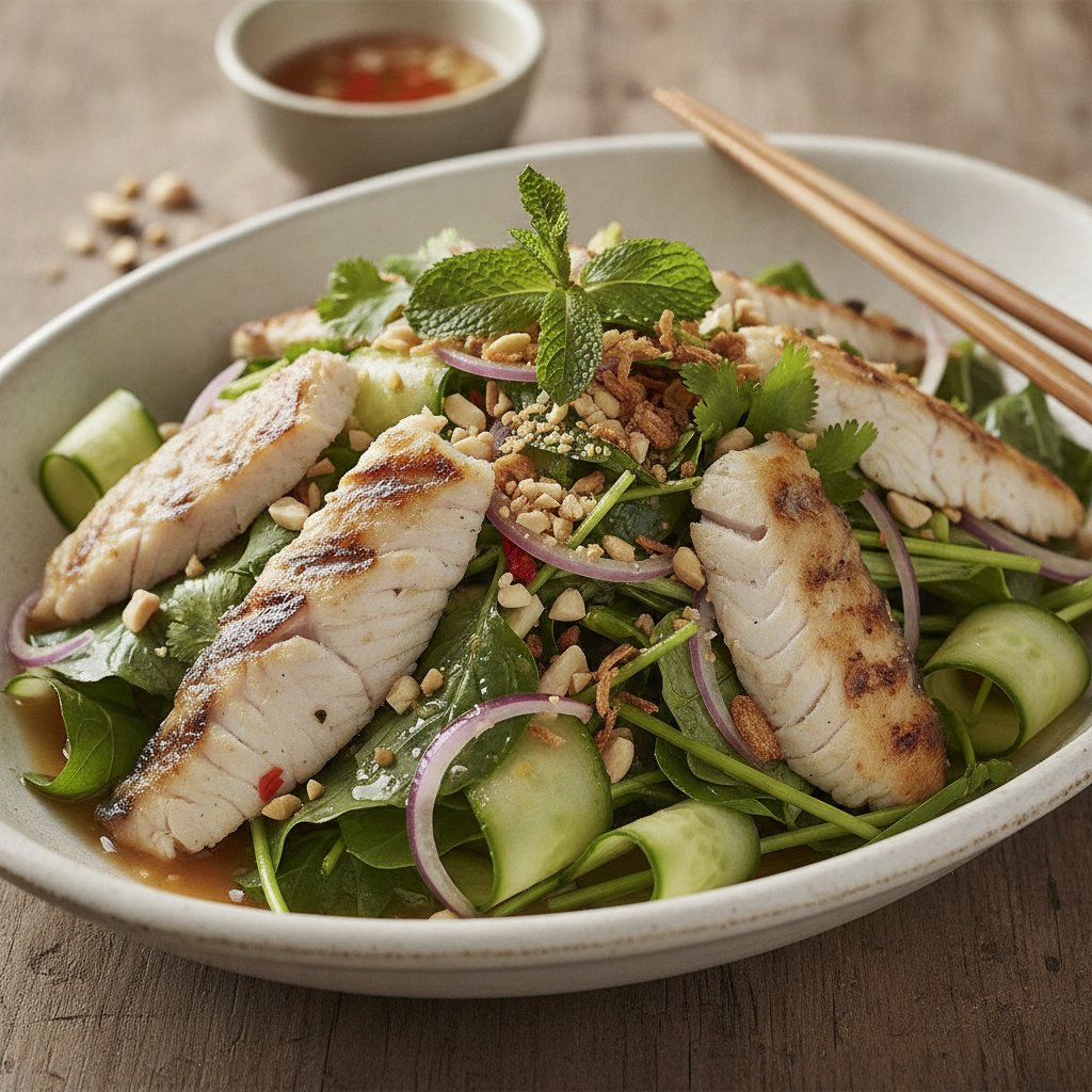 Water Spinach Salad with Grilled Fish