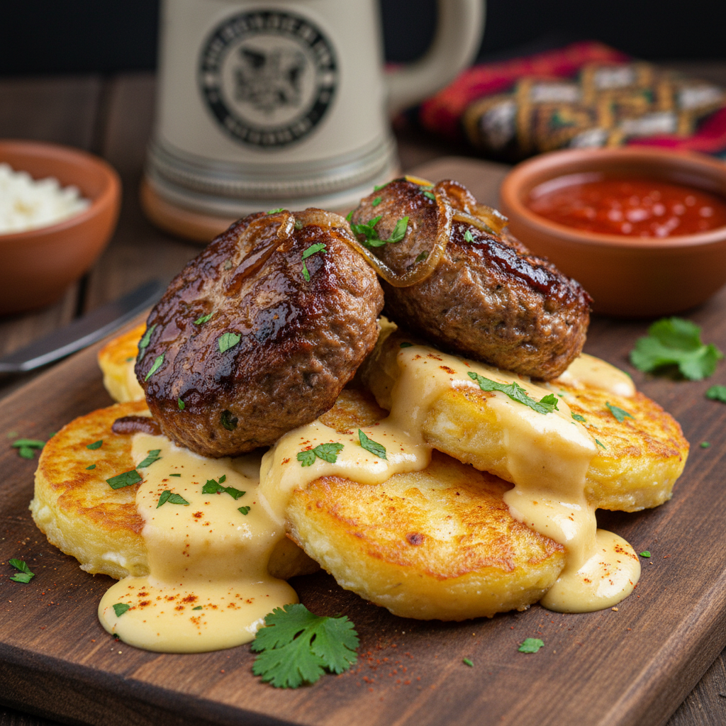 Beef Meatballs with Cheesy Potato Cakes — German Meatballs on Cheesy Potato Cakes - Frikadellen Llapingachos