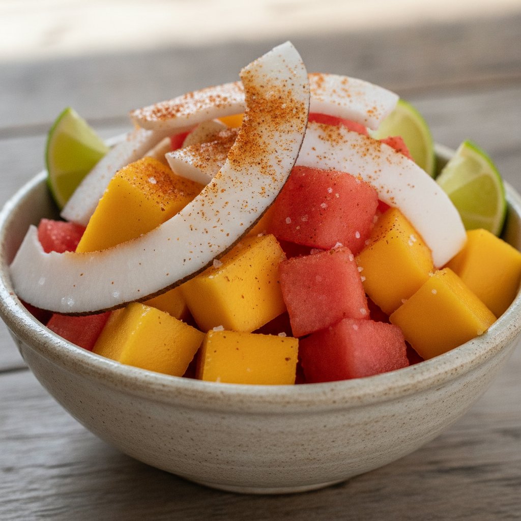 Mexican Coconut Fresh Fruit Bowl with Lime and Chile