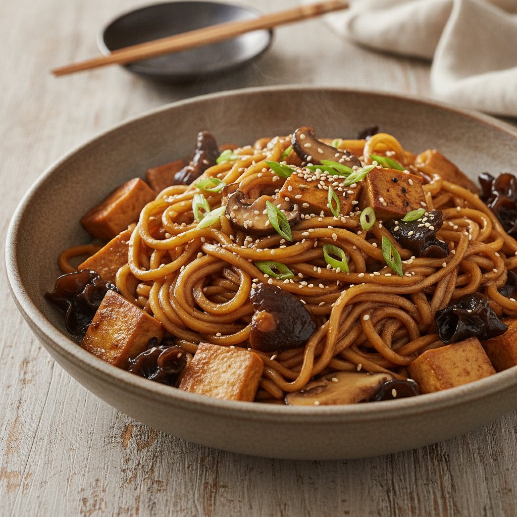 Braised Tofu and Mushroom Noodles