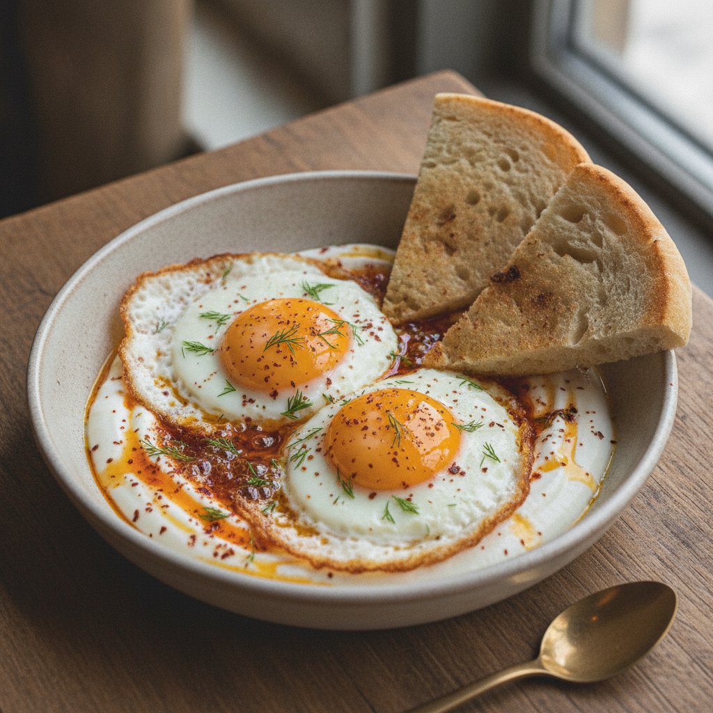 Fried Eggs with Spiced Yogurt Sauce