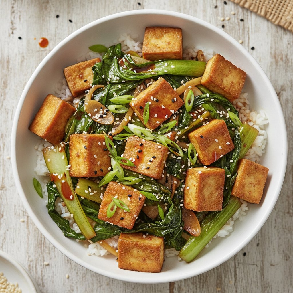 Stir-Fried Greens and Tofu Rice Bowl