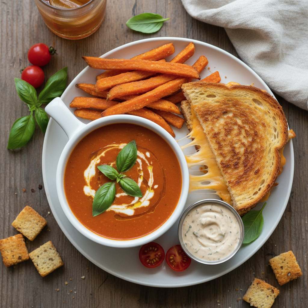 California Tomato Basil Soup Grilled Cheese Plate
