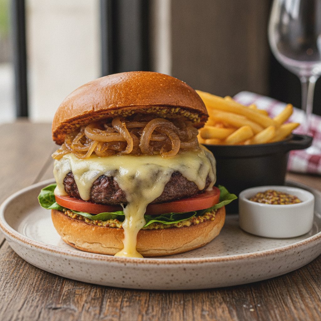 Beef Burger with Melted Cheese and Onions