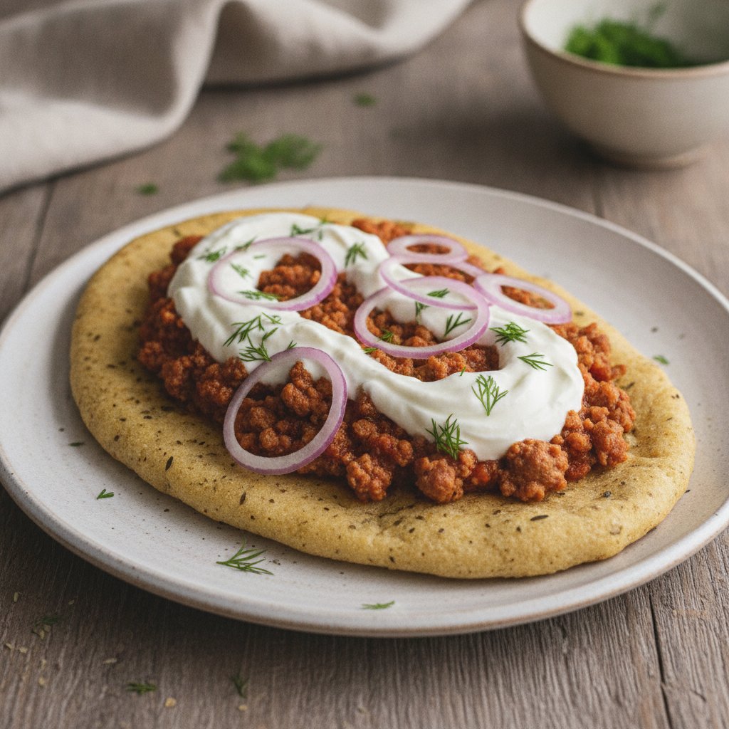 Greek Flatbread with Meat and Yogurt Sauce (Gluten-Free)