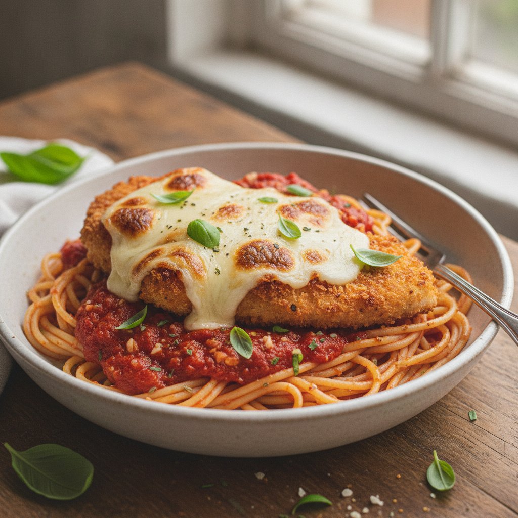 Chicken Parmesan over Spaghetti (Low-Chol)