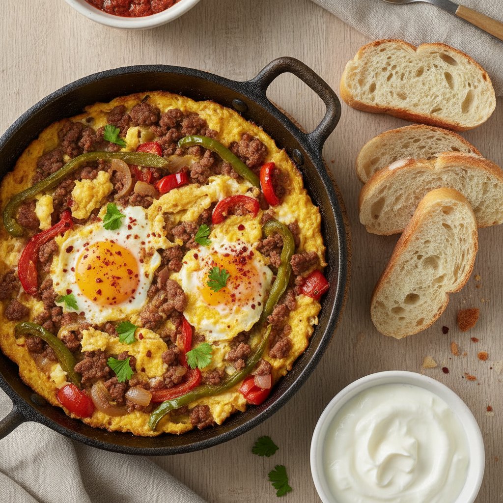Eggs with Ground Beef and Peppers
