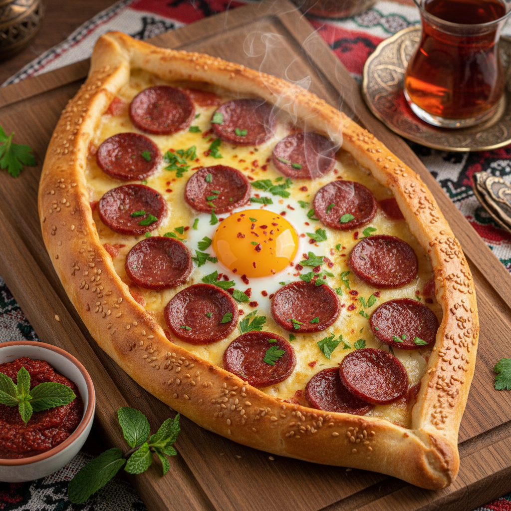 Turkish Sausage and Egg Flatbread — Sucuklu Pide