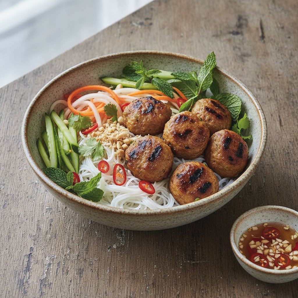 Grilled Pork Meatball Noodle Bowl