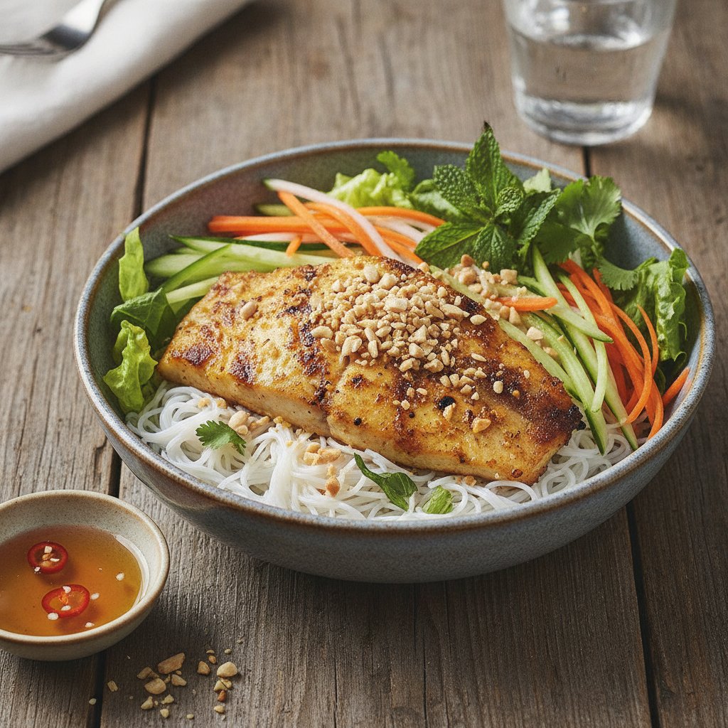 Grilled Fish Rice Noodle Bowl