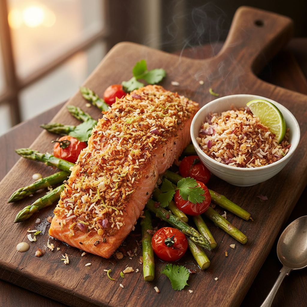 Crispy Salmon with Coconut-Lime Chutney — Sri Lankan Pol Sambol Roasted Salmon