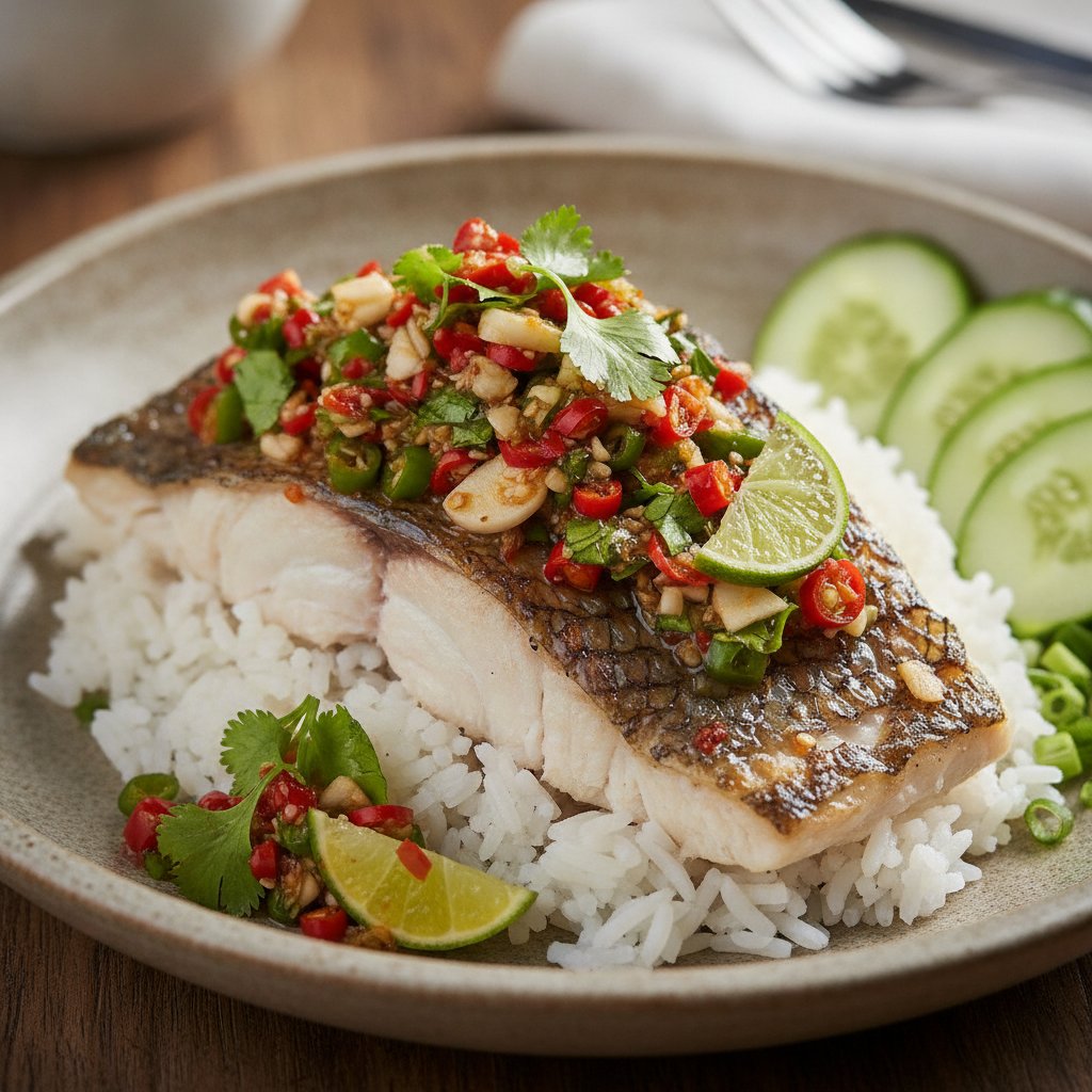 Grilled Fish with Spicy Herb Sauce