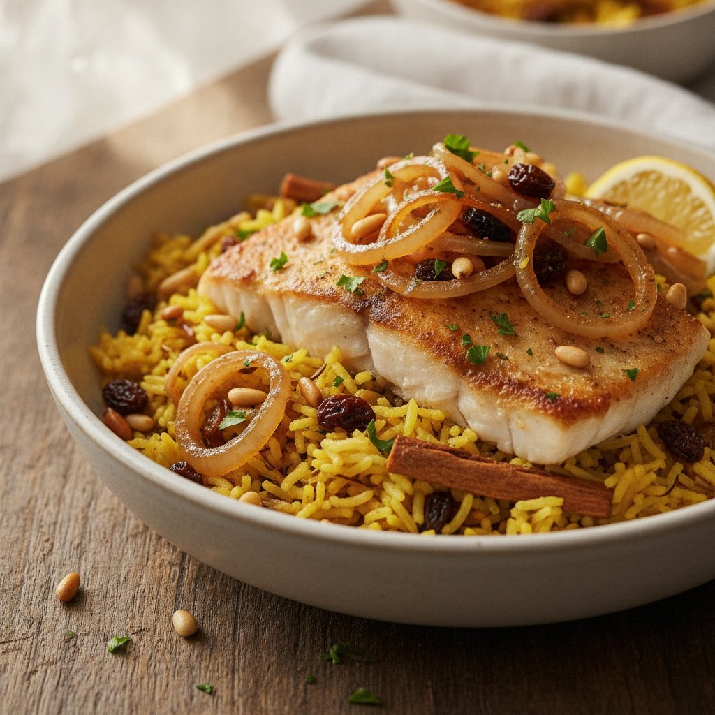 Fish and Spiced Rice with Caramelized Onions (Gluten-Free)
